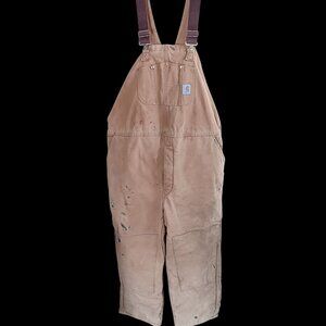Carhartt Bibs Vintage Bib Overalls 50x32 Distressed Tan Quilt Lined Union Made